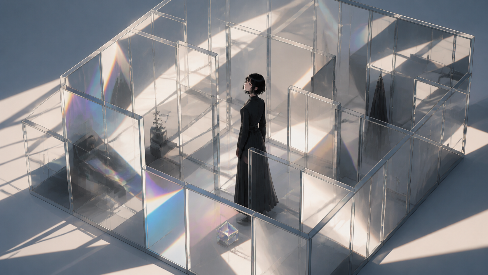 A portrait of loneliness represented as an inhabited glass maze, balanced between abstraction and a clearly readable emotional idea. Carefully staged surreal tableau with a single unmistakable focal point. Monochrome gra