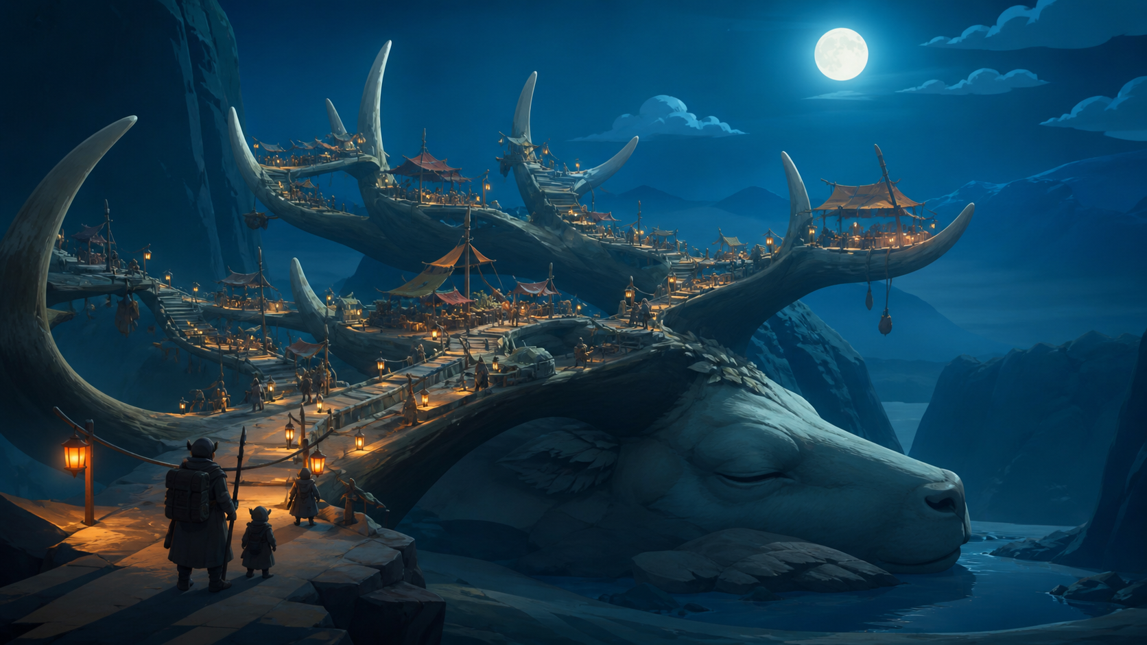 A moonlit market built across the antlers of a sleeping forest god, with tiny travelers revealing the monumental scale. Epic establishing shot with a clear visual path into the world. Petrol blue, oxide red, industrial g