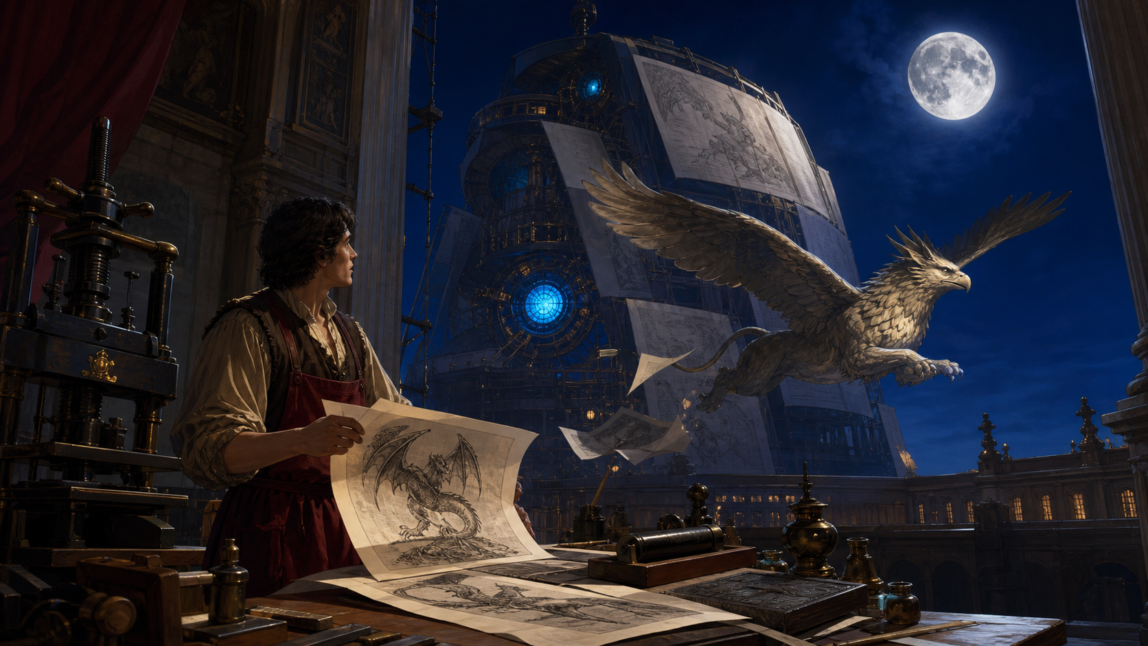 A Renaissance-era printmaker whose illustrated creatures leave the page at night, grounded in convincing period materials with one restrained supernatural event. Painterly historical scene centered on work, place, and at