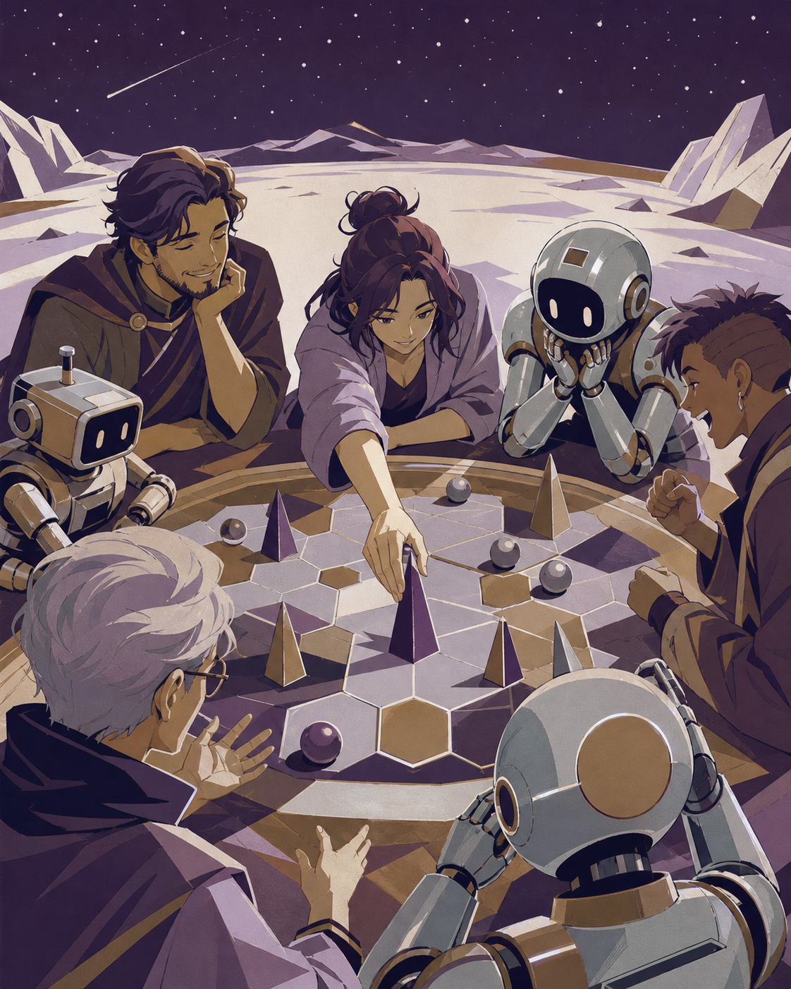A community game night shared by humans and courteous service robots, shown through reactions and relationships rather than a view of the rules. Overhead-leaning social composition centered on one decisive move. Mulberry