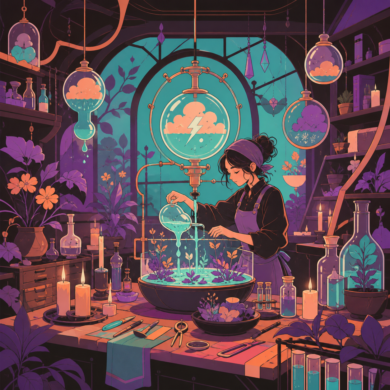 A botanical laboratory where bottled weather feeds rare seedlings, after hours when unfinished creations quietly become active. Room-wide workshop view organized around a strong central craft action. Apricot, orchid purp
