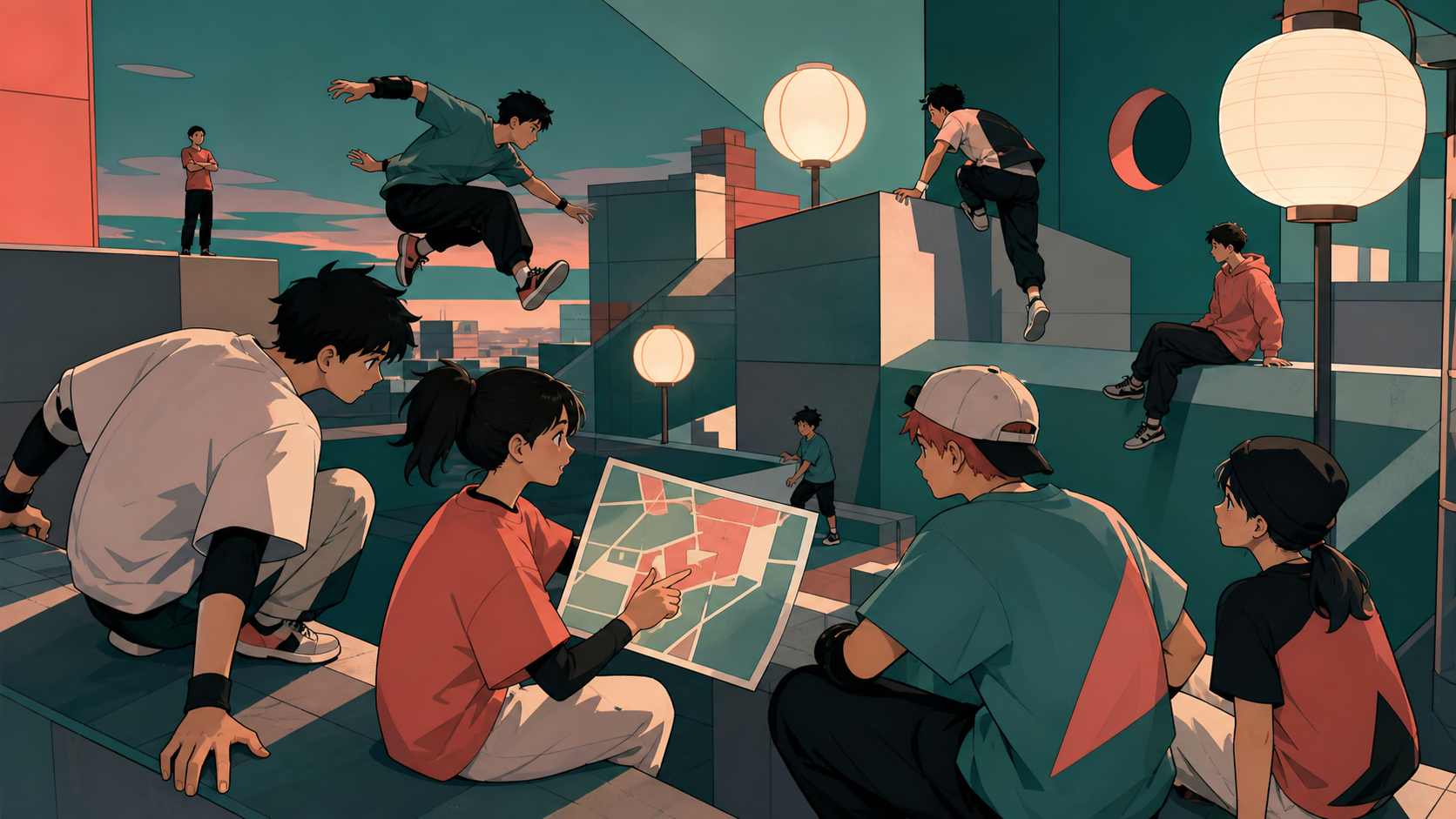 Young parkour friends mapping a safe route across geometric rooftops, during practice where encouragement matters more than competition. Ensemble composition linking several different activities across the plaza. Sea-gla