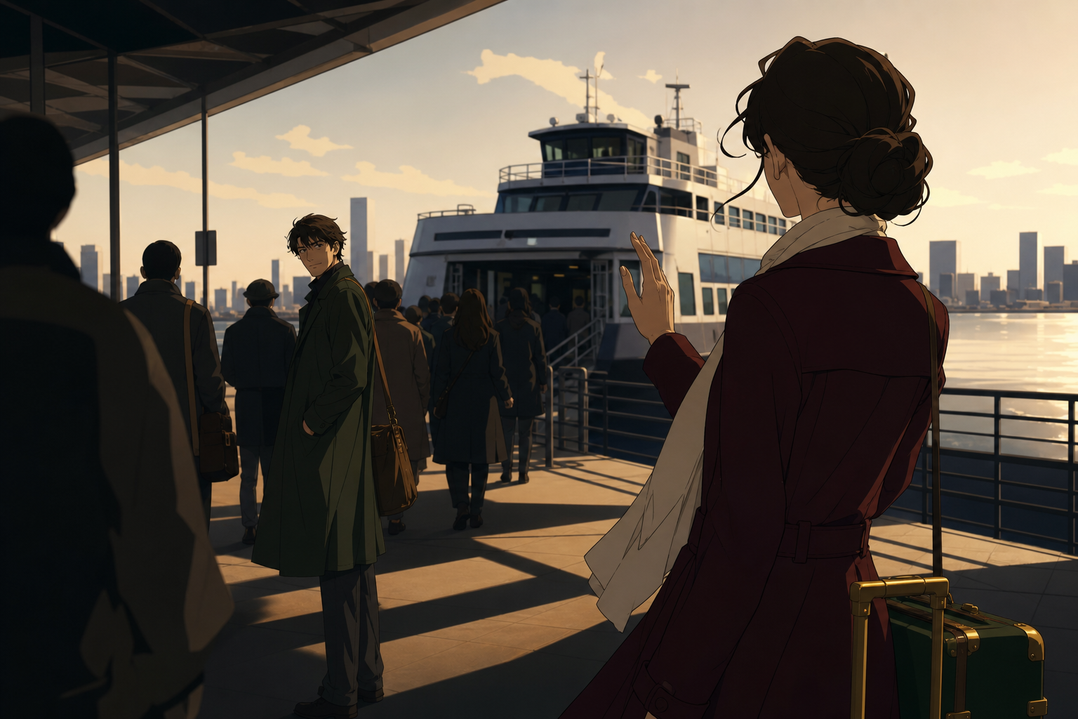 Two adult travelers recognizing one another across a crowded ferry terminal, captured through a small gesture rather than an exaggerated embrace. Observational long shot where one small gesture becomes the focal point. B