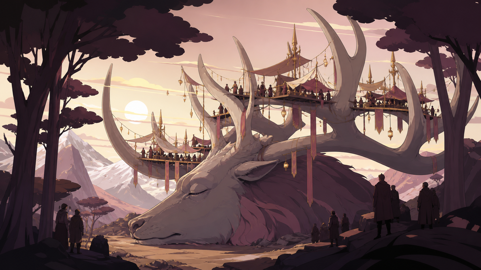 A moonlit market built across the antlers of a sleeping forest god, seen during the first morning after a century-long winter. Wide landscape composition with dramatic foreground framing. Muted rose, parchment, muted plu