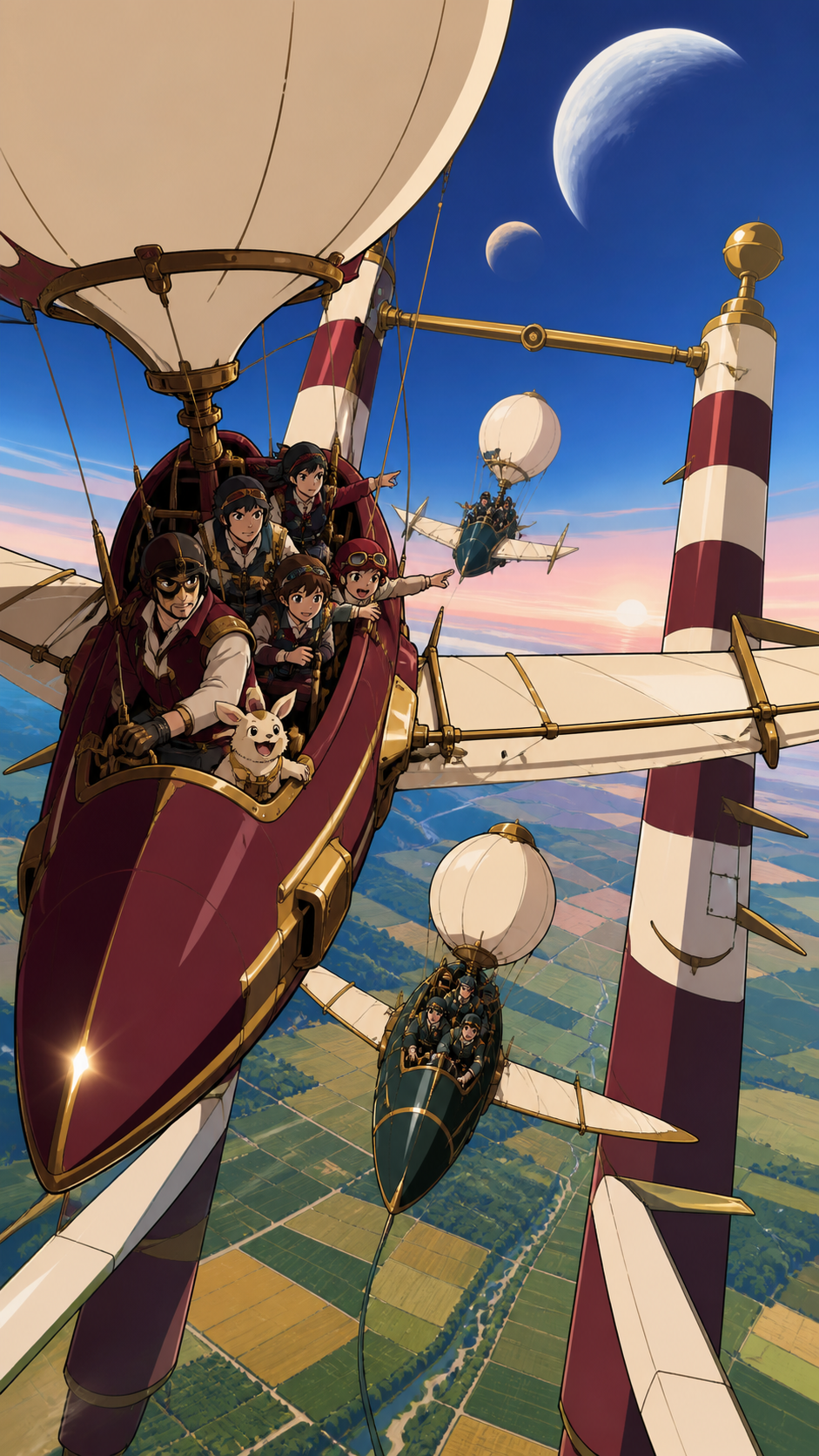 Families competing in colorful homemade airships above farmland, during a clean midair pass through a narrow but safe checkpoint. Vertical dive composition emphasizing altitude and route choice. Burgundy, midnight green,