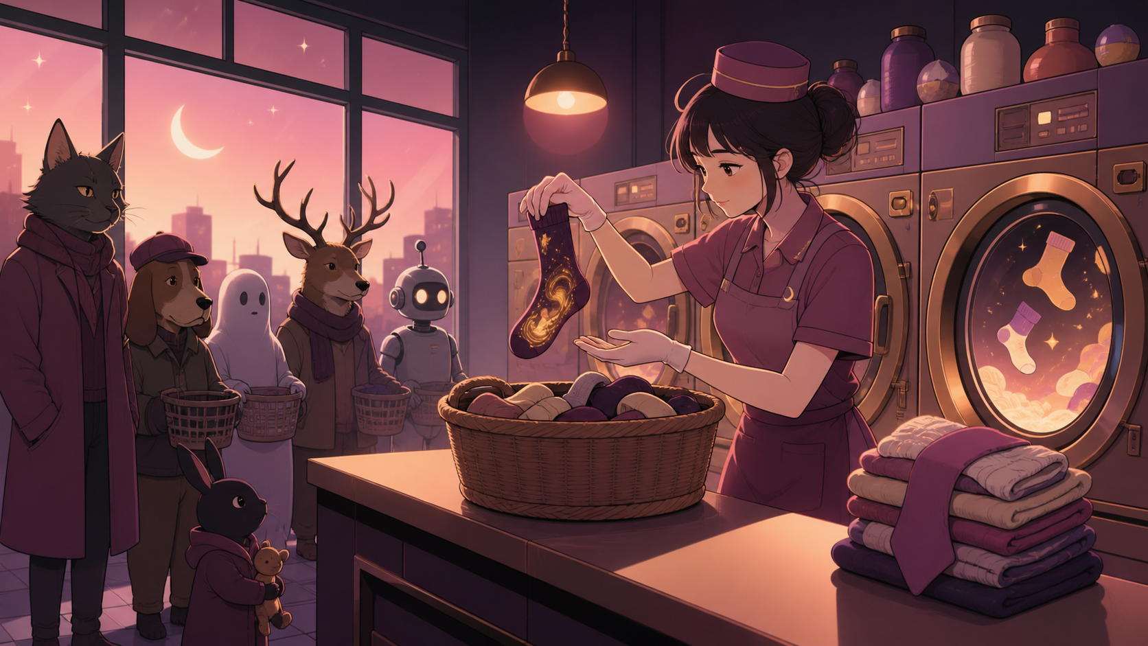 An all-night laundromat where misplaced socks return carrying forgotten memories, while a line of unusual customers waits with patient familiarity. Observational workplace scene centered on one clear service interaction.