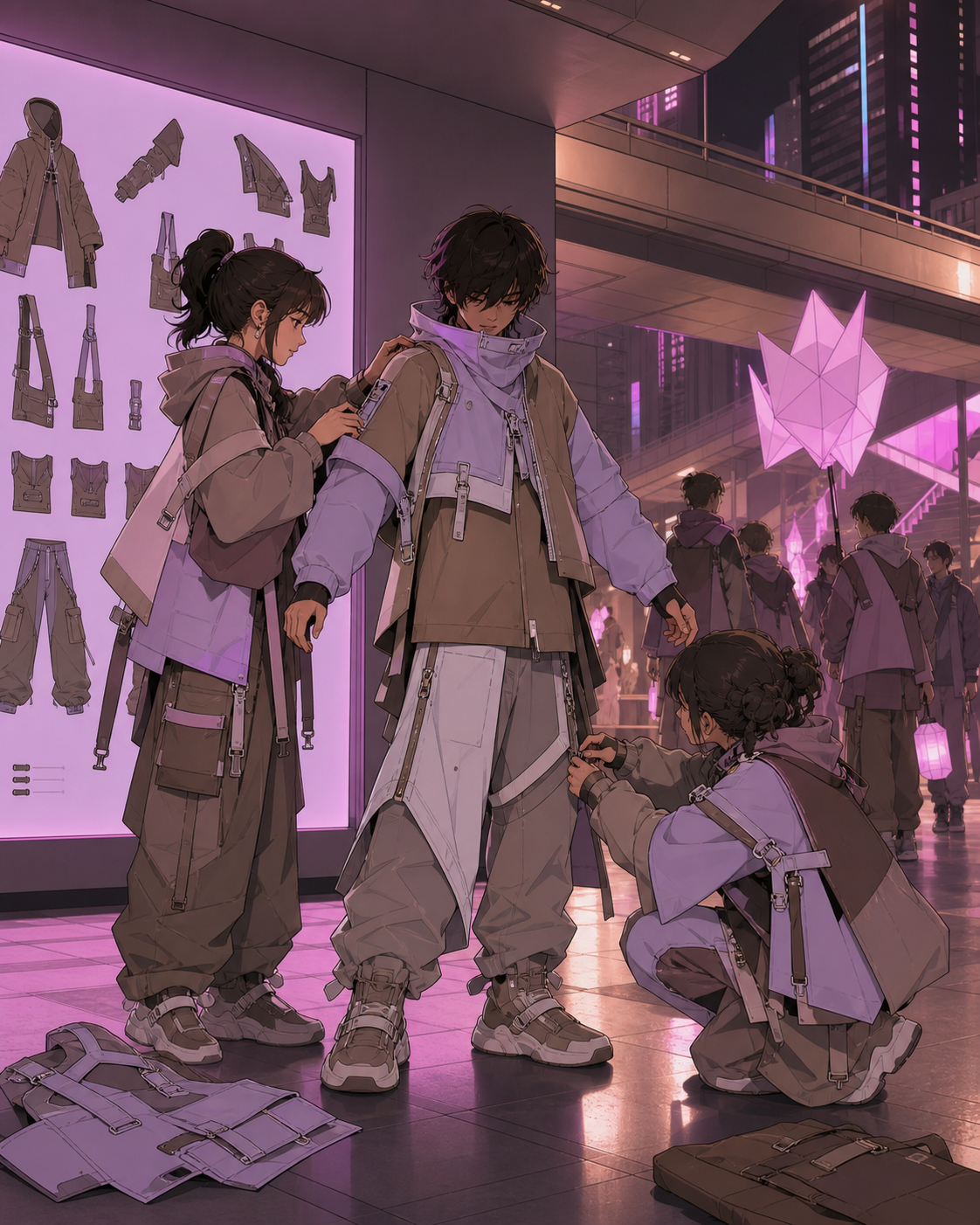 Friends styling modular clothing before a night parade, in a public urban location that explains how the clothing functions. Full-body fashion narrative with environment supporting the outfit. Mulberry, tea brown, tarnis