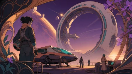 An adult salvage pilot docking with a silent ring-shaped station, with vast space balanced by practical human-scale machinery. Wide landing tableau with crew, vessel, and discovery