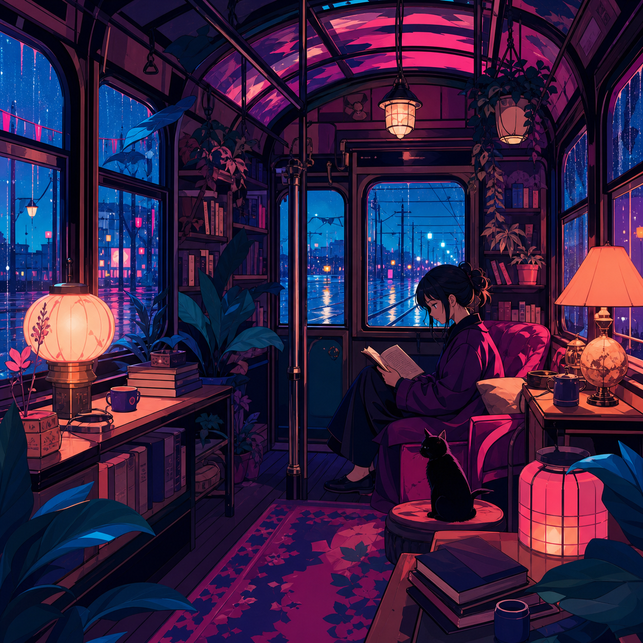 A greenhouse reading room built into an old city tram, during a rainy evening with every warm light switched on. Inviting room-wide composition with several discoverable details. Saturated magenta, electric cyan, deep vi