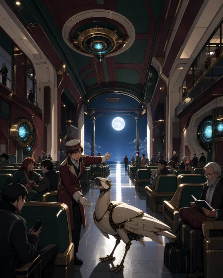 A ferry terminal employee guiding a lost mechanical bird toward the correct gate, shown as intimate public life rather than a vehicle showcase. Long interior perspective connecting