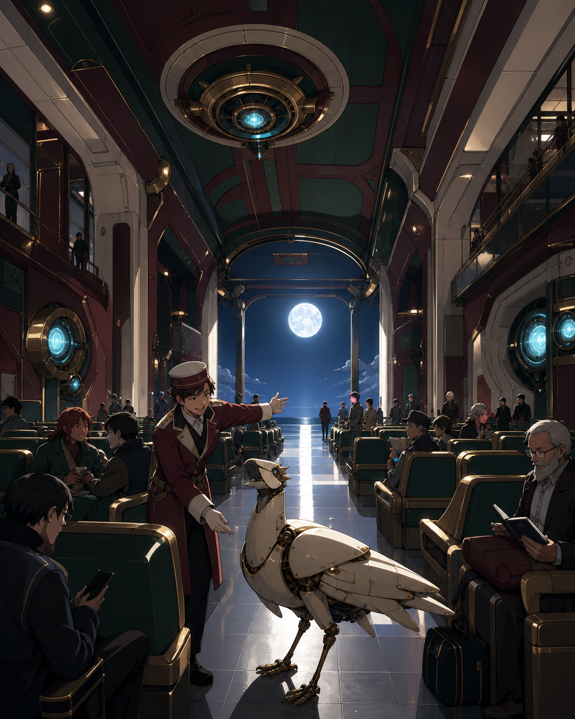 A ferry terminal employee guiding a lost mechanical bird toward the correct gate, shown as intimate public life rather than a vehicle showcase. Long interior perspective connecting several quiet passenger stories. Burgun