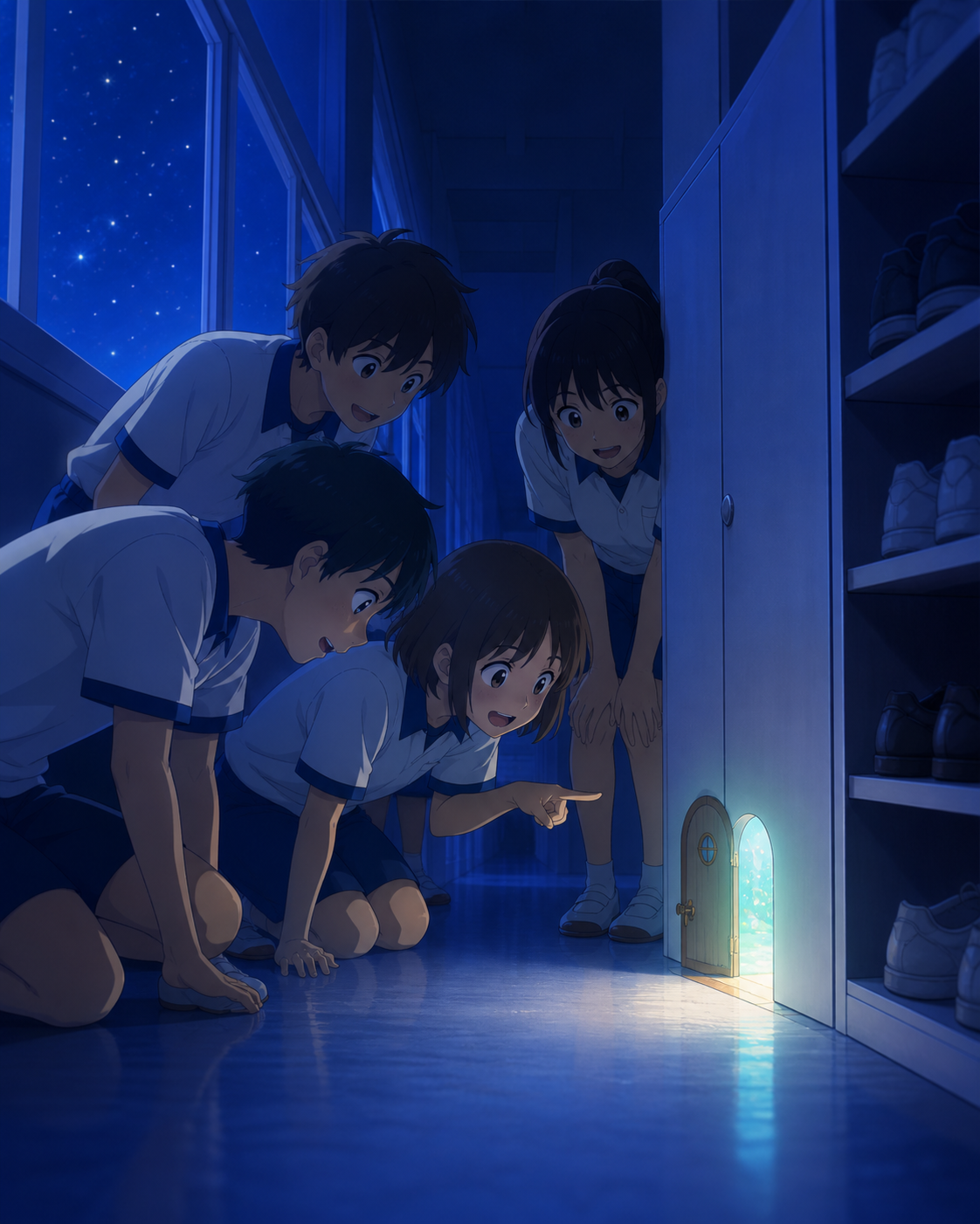 A cheerful class cleaning team finding a miniature door behind a cabinet, during a quiet moment when a friendship visibly changes. Corridor perspective leading toward one small discovery. Ultramarine, bioluminescent turq