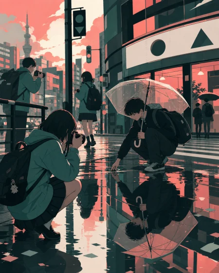 A middle-school photography club documenting unusual reflections, on a rainy evening defined by clean reflections and warm shop windows. Intimate corner view where one human intera