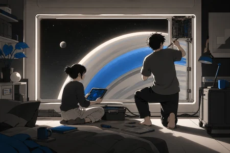 Two roommates repairing a window view that is displaying the wrong planet, at the peaceful end of a long work shift. Cozy interior-wide frame with space visible through one large o