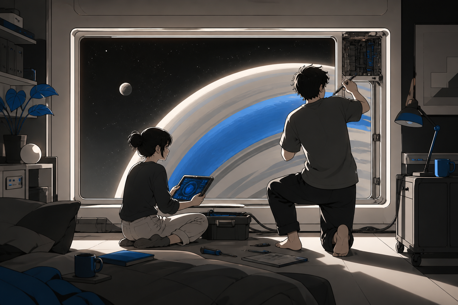 Two roommates repairing a window view that is displaying the wrong planet, at the peaceful end of a long work shift. Cozy interior-wide frame with space visible through one large opening. Soft monochrome with a single sa