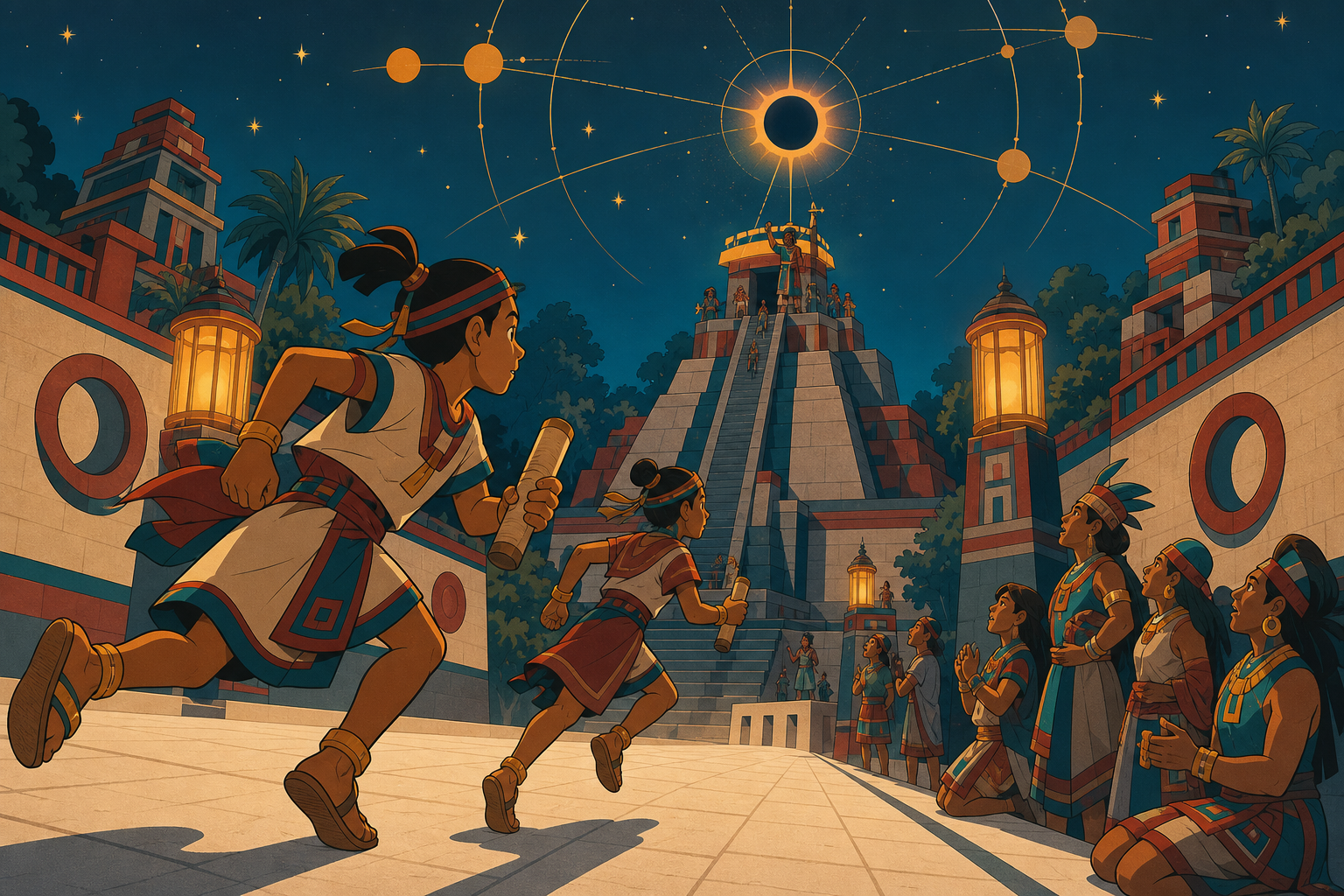 Young couriers racing along white roads between forest cities, when a precise ancient system reveals an impossible prediction. Vertical temple composition linking human ceremony to the astronomical event. Petrol blue, ox