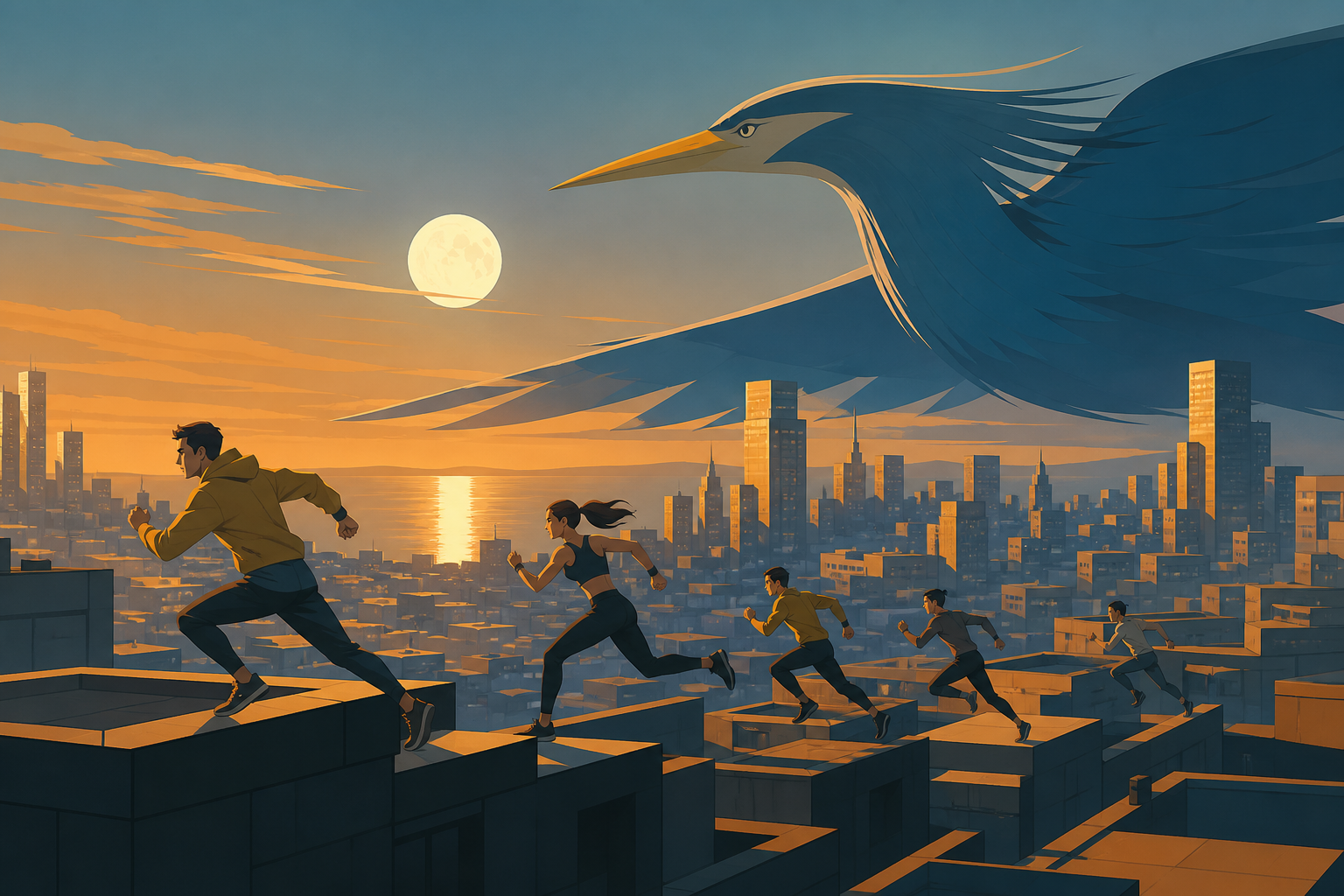 Adult rooftop runners racing across a dense sunset city, shown as disciplined athletic movement rather than combat spectacle. Long-lens frame compressing competitors and terrain into layered motion. Saffron, peacock blue