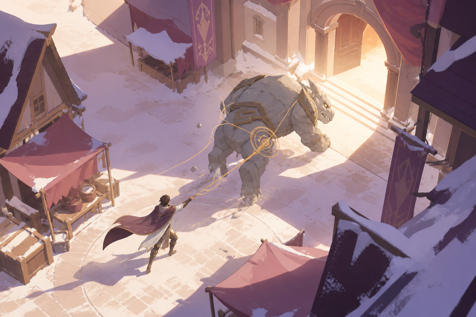 A rescue mage steering a runaway stone beast through an empty market square, with the objective readable immediately and no gore. Overhead tactical composition showing objective, obstacle, and escape route. Muted rose, p