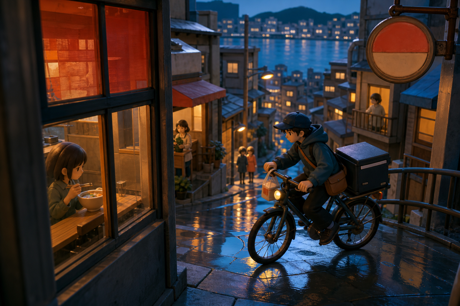 A bicycle courier delivering hot noodles through a steep hillside city, just after rain leaves every street reflecting a different color. Cinematic wide shot composed through windows, signs without readable text, and ref