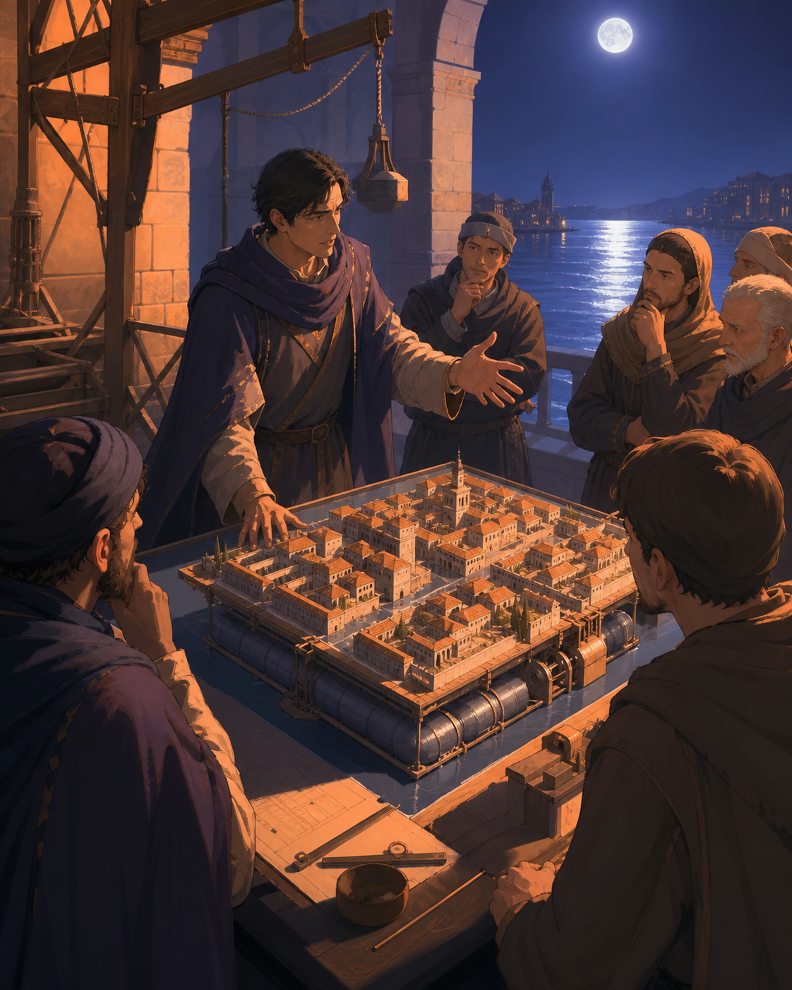 A medieval urban planner presenting a practical model of a floating district, with the alternate technology integrated naturally into its era. Observational workplace view where the unusual machine feels routine. Sun-ble