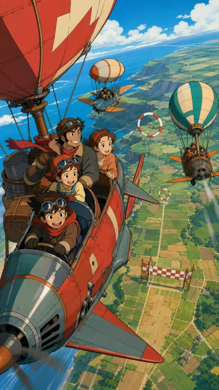 Families competing in colorful homemade airships above farmland, above a broad landscape with the finish line clearly visible. Vertical dive composition emphasizing altitude and ro
