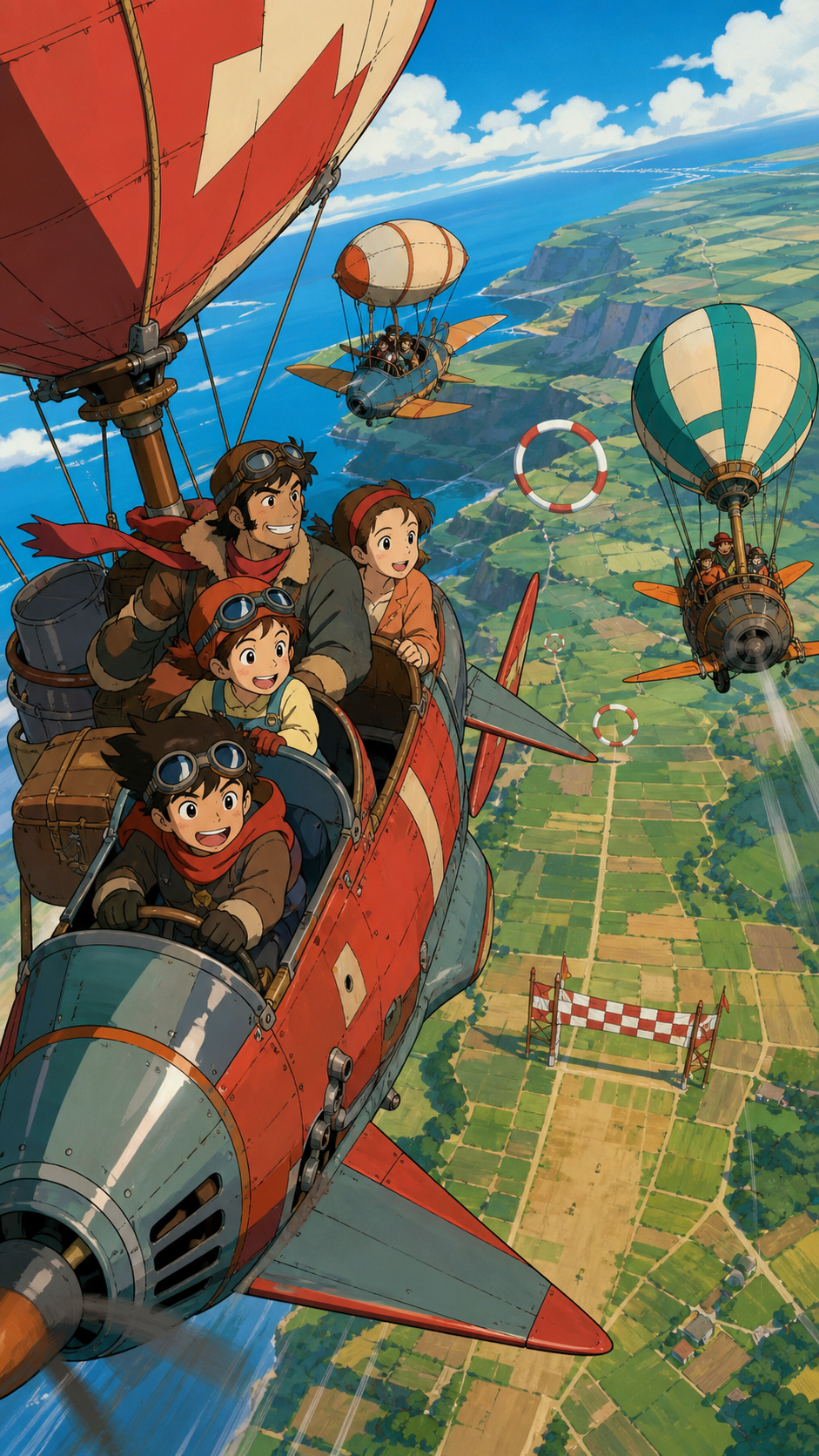 Families competing in colorful homemade airships above farmland, above a broad landscape with the finish line clearly visible. Vertical dive composition emphasizing altitude and route choice. Vermillion, charcoal, warm i