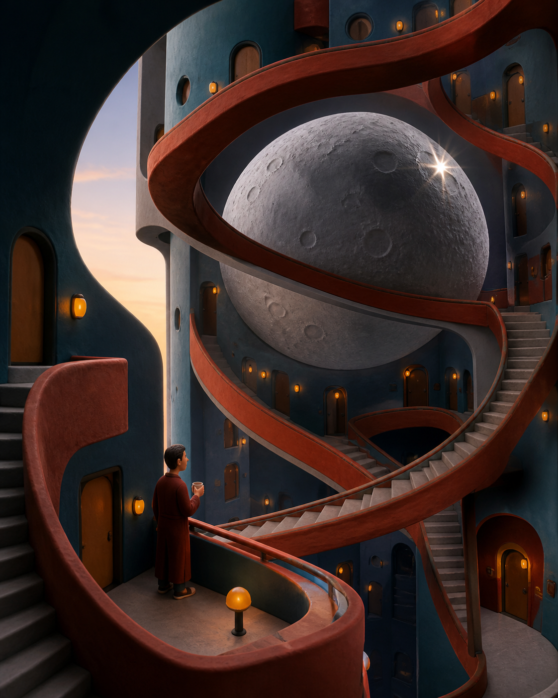 An impossible hotel whose hallways curve around a captive moon, shown empty just before its inhabitants wake. Dramatic vertical composition emphasizing scale and impossible geometry. Petrol blue, oxide red, industrial gr