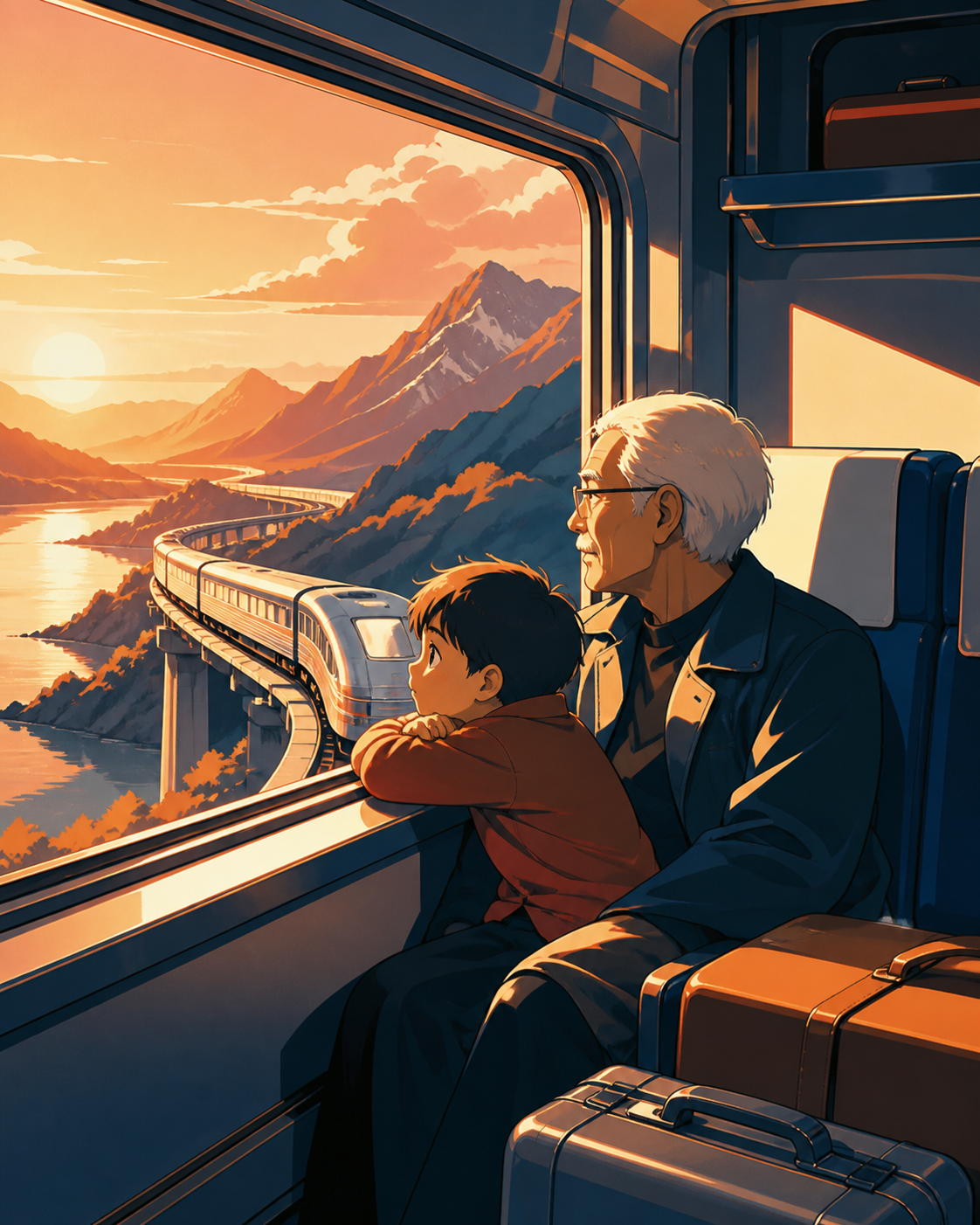 A child and grandparent sharing a window seat through mountain country, during a long golden evening with changing reflections on the windows. Exterior travel vista following the railway through varied terrain. Sun-bleac