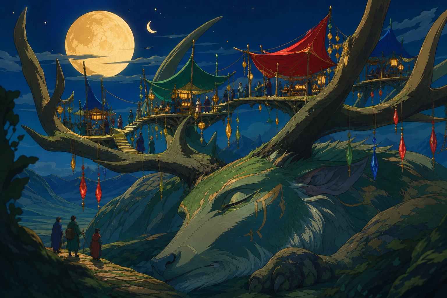 A moonlit market built across the antlers of a sleeping forest god, with tiny travelers revealing the monumental scale. Wide landscape composition with dramatic foreground framing. Emerald, stained-glass ruby, lapis, and