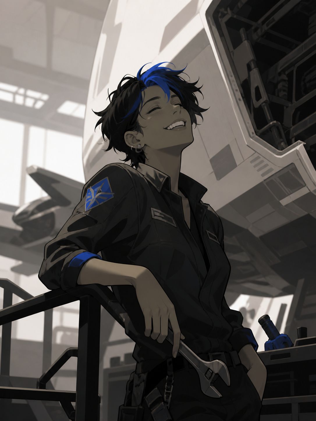 An adult nonbinary spacecraft mechanic wearing a patched flight jacket, captured during one unguarded moment in their workplace. Intimate waist-up portrait with unusual negative space and environmental context. Soft mono