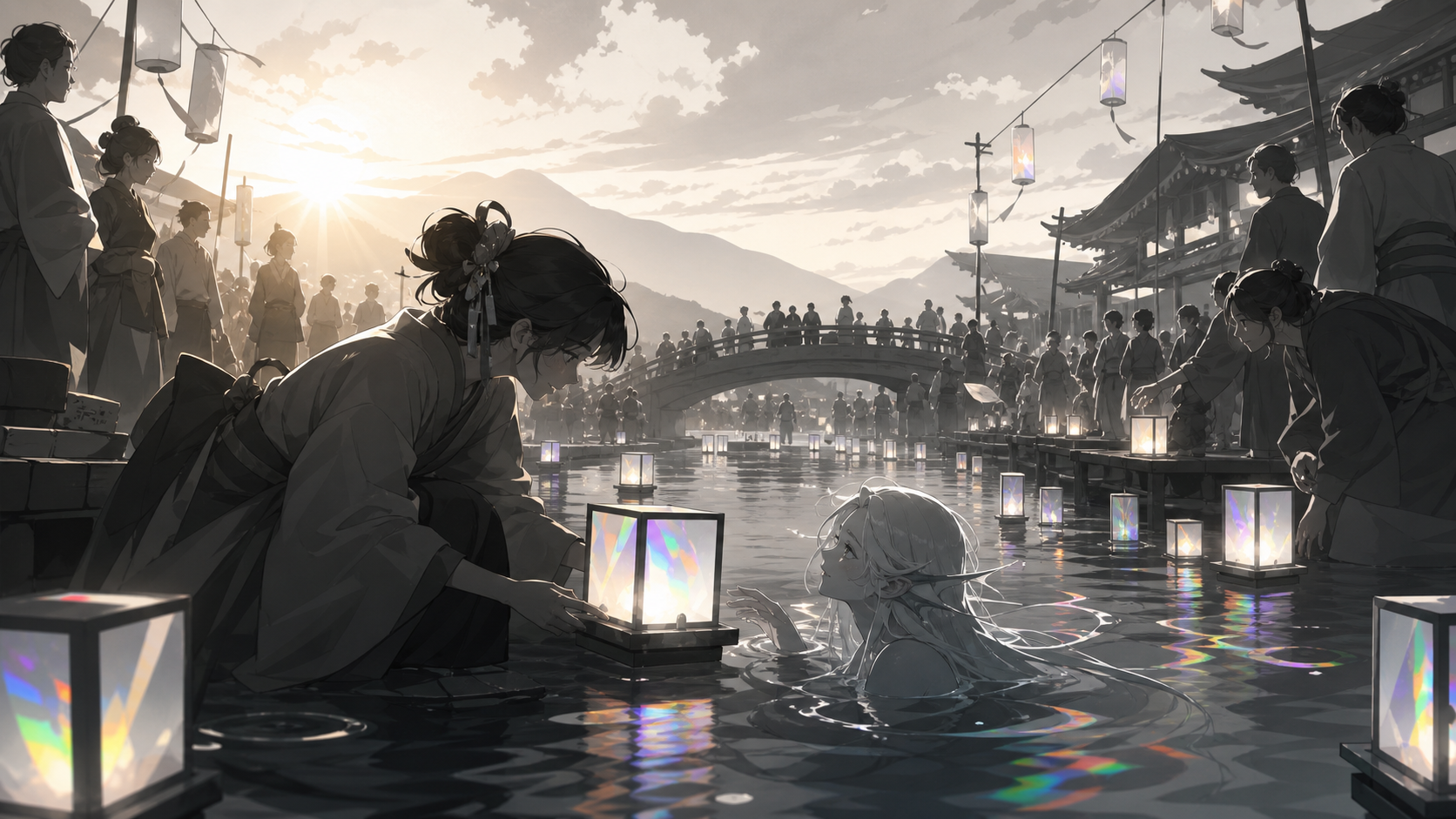A river lantern festival attended by humans and shy water spirits, shown at its busiest while one quiet interaction anchors the scene. Immersive crowd-level panorama with clear focal lighting. Monochrome graphite with se