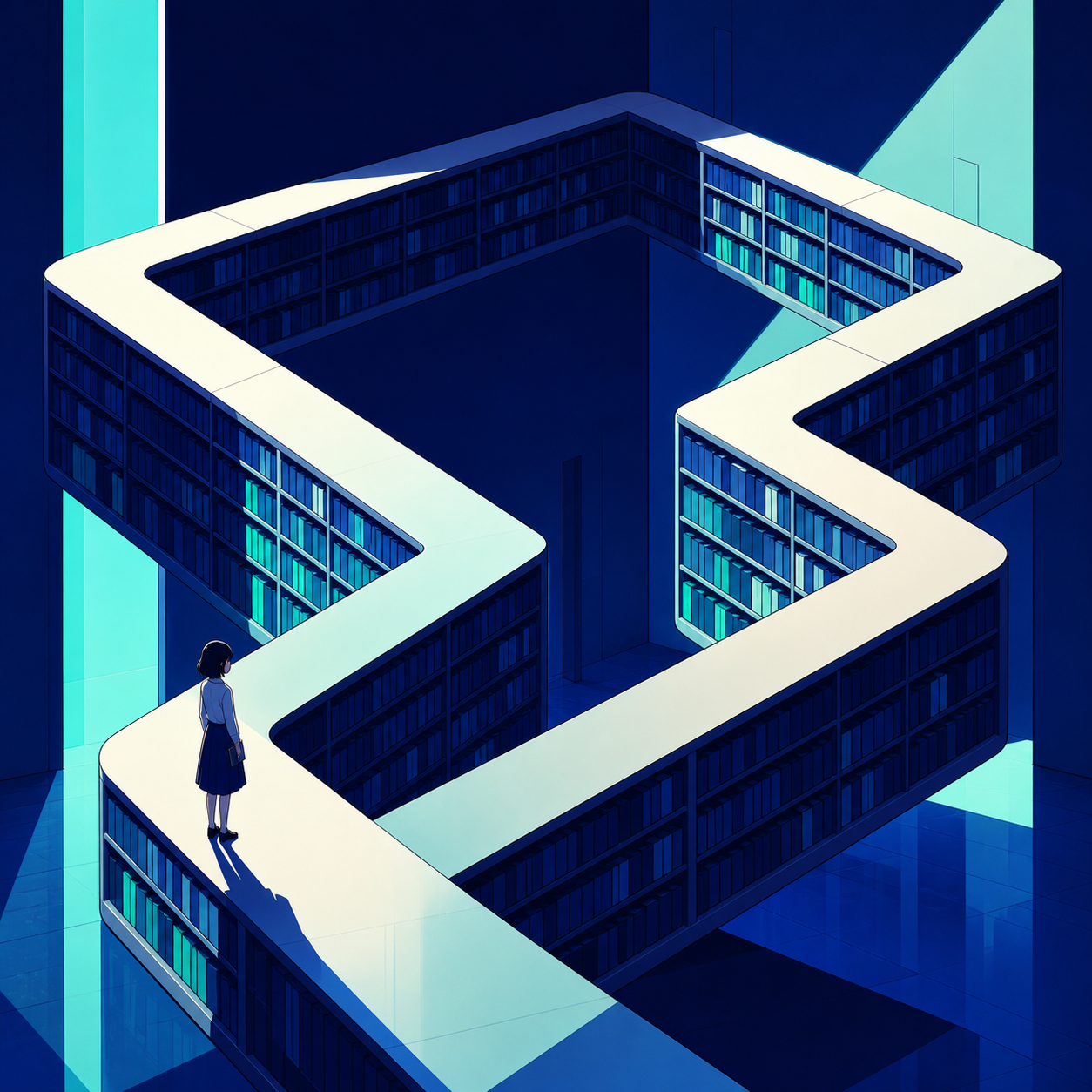 A library whose shelves form a walkable loop around the room, with the spatial paradox presented cleanly and immediately readable. Character-height view where the horizon changes across the frame. Ultramarine, biolumines