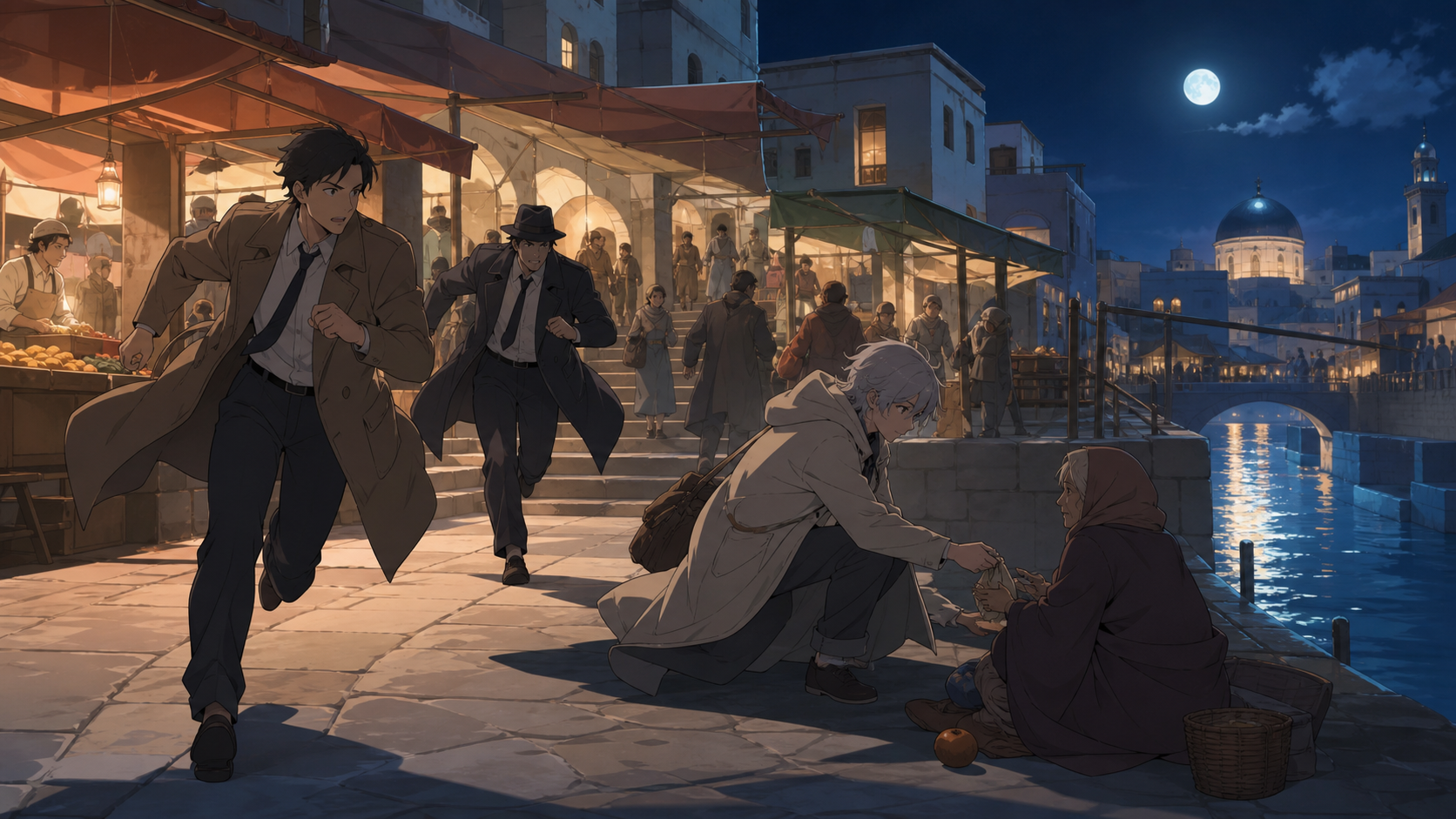 Detectives chasing a polite thief through a crowded morning market, at the moment the pursued character unexpectedly stops to help someone. Wide lateral chase frame with pursuer and destination both visible. Sun-bleached
