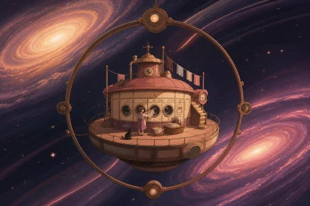 A quiet laundromat orbiting alone between two galaxies, at the calm center of a vast gravitational phenomenon. Graphic celestial composition organized around a bold circular form. 