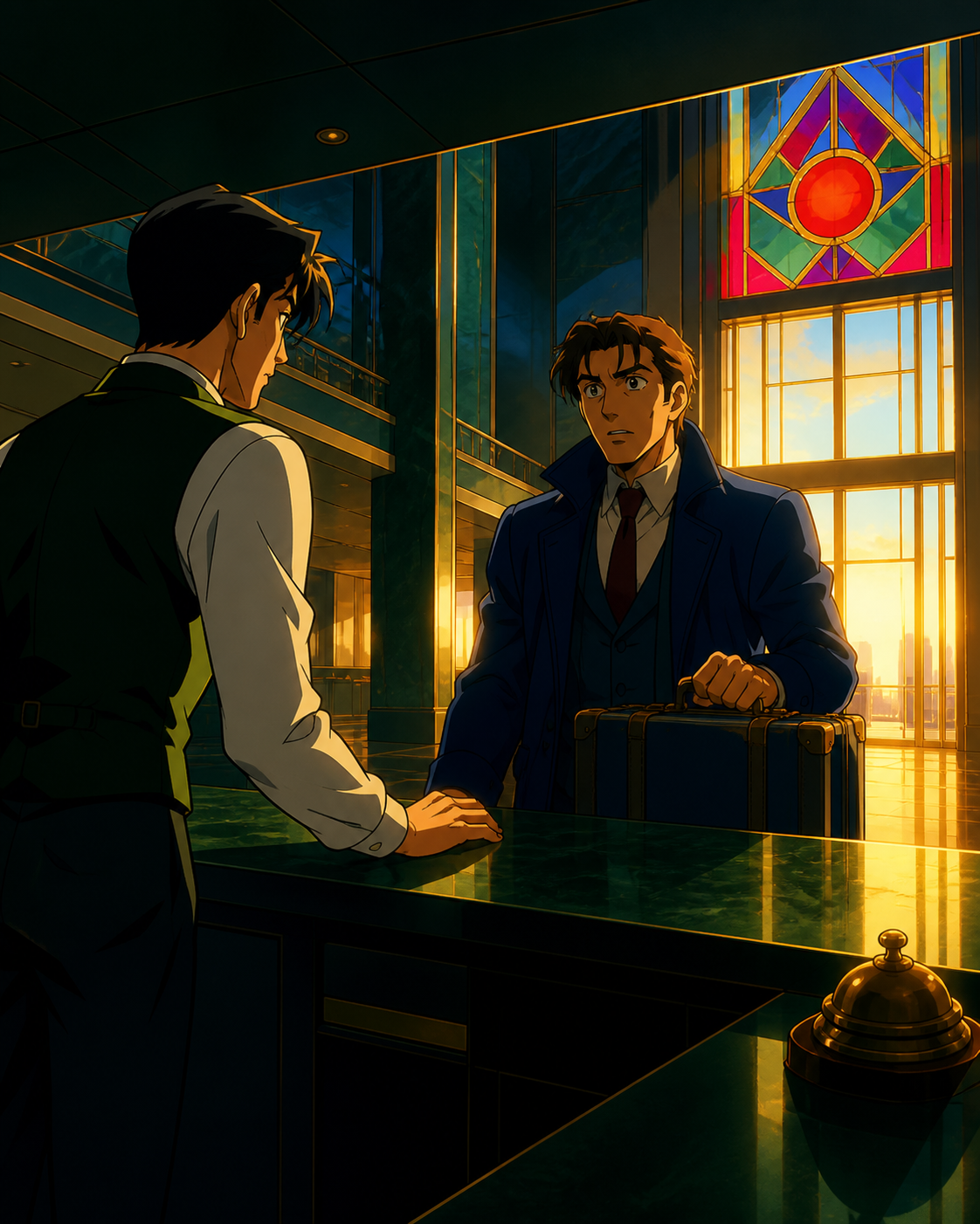 A hotel desk clerk helping a traveler who arrived several decades early, at the first hint of morning after a long uneventful shift. Intimate counter-side composition surrounded by empty architecture. Emerald, stained-gl