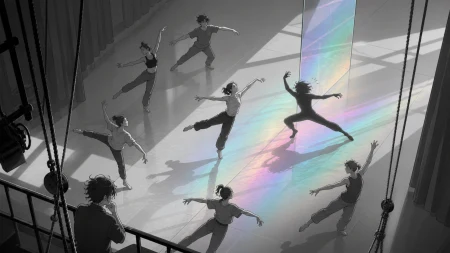 An adult contemporary dancer rehearsing with a shadow that learns the choreography late, during rehearsal with visible stagecraft adding to the charm. High balcony view turning cho