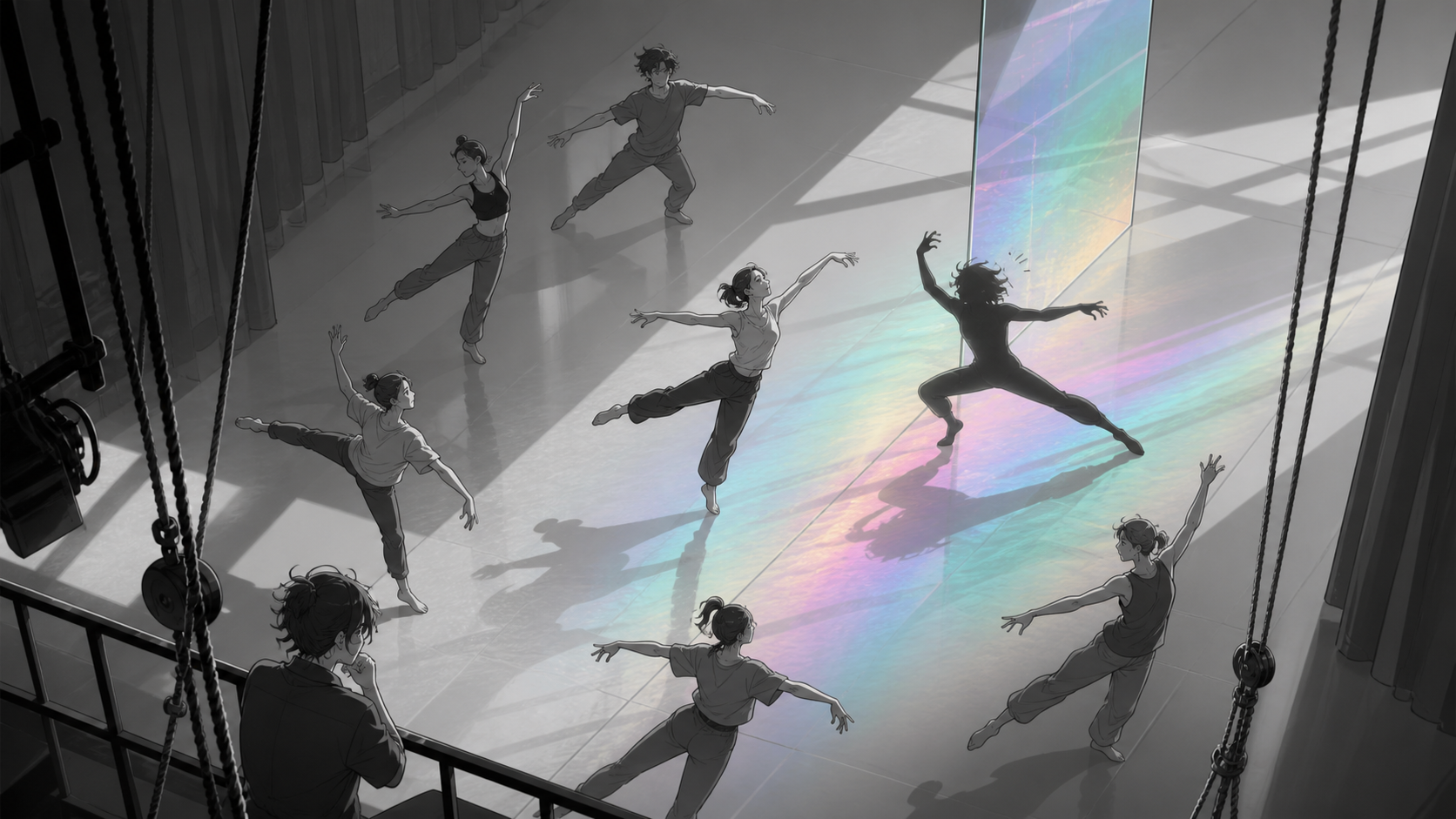 An adult contemporary dancer rehearsing with a shadow that learns the choreography late, during rehearsal with visible stagecraft adding to the charm. High balcony view turning choreography into clear graphic patterns. M