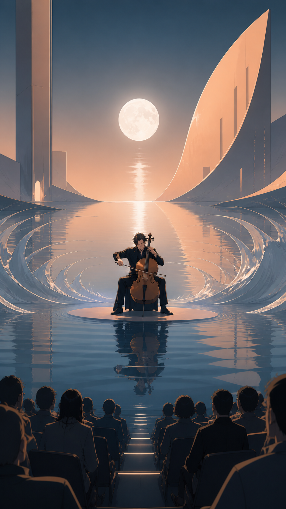An adult cellist performing alone in a flooded concert hall, seen from within the audience as sound visibly transforms the environment. Dynamic stage-wide frame with movement radiating from the lead performer. Sun-bleach