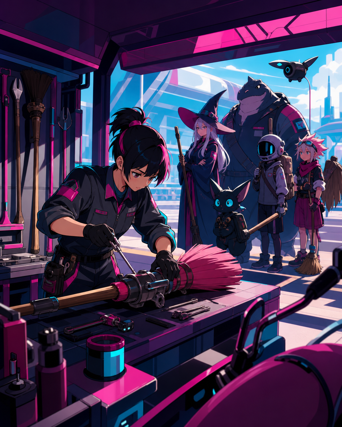 A roadside mechanic servicing broomsticks during the evening rush, while a line of unusual customers waits with patient familiarity. Counter-level composition framed by tools and waiting customers. Saturated magenta, ele