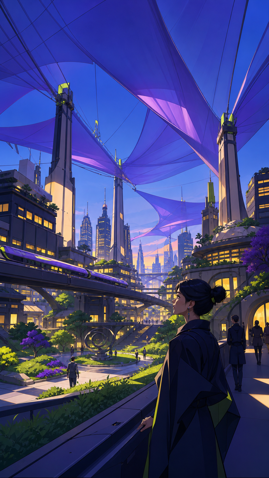 A solar-powered desert city shaded by kilometer-wide silk canopies, during the blue hour as thousands of windows begin to glow. Street-level cinematic view looking upward through layered architecture. Acid lime, ultravio