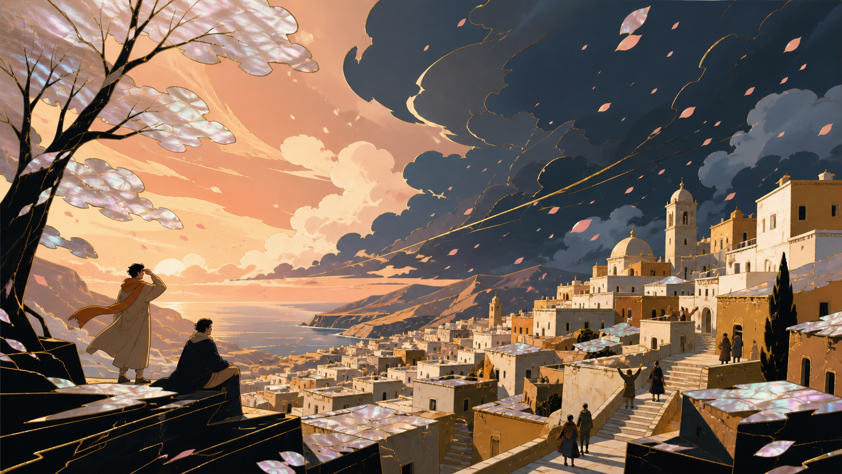 A hillside town waking beneath the first impossible pink snowfall, at the transition between two kinds of weather. Tranquil landscape panorama with a strong foreground-to-distance rhythm. Sun-bleached peach, desert ochre