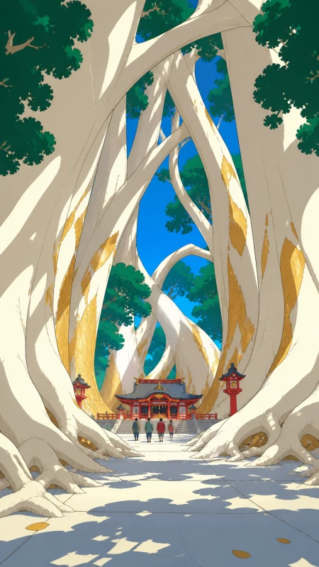 A grove of smooth white trees bending together to protect a small shrine, with tiny visitors clearly revealing the extraordinary scale. Ground-level view looking through enormous r