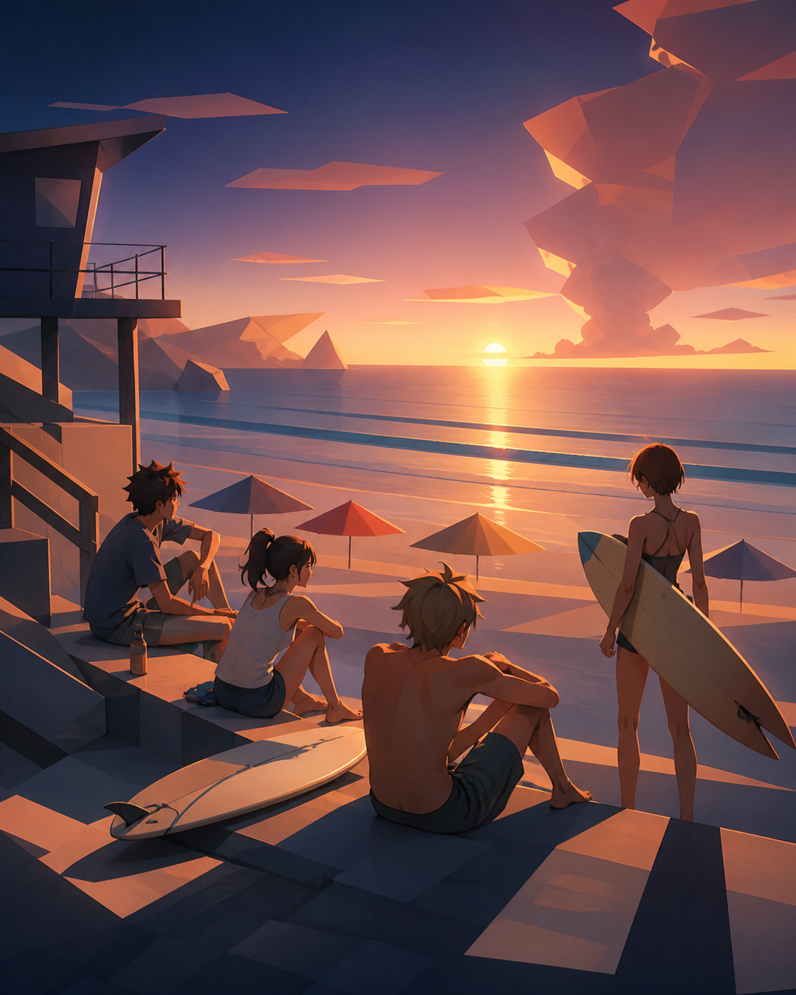 Teen surfers waiting together for a calm final wave, at sunset after the busiest visitors have gone. Intimate group scene framed by broad water and sky zones. Moonlit indigo, oxidized copper, pale jade, and candle cream.