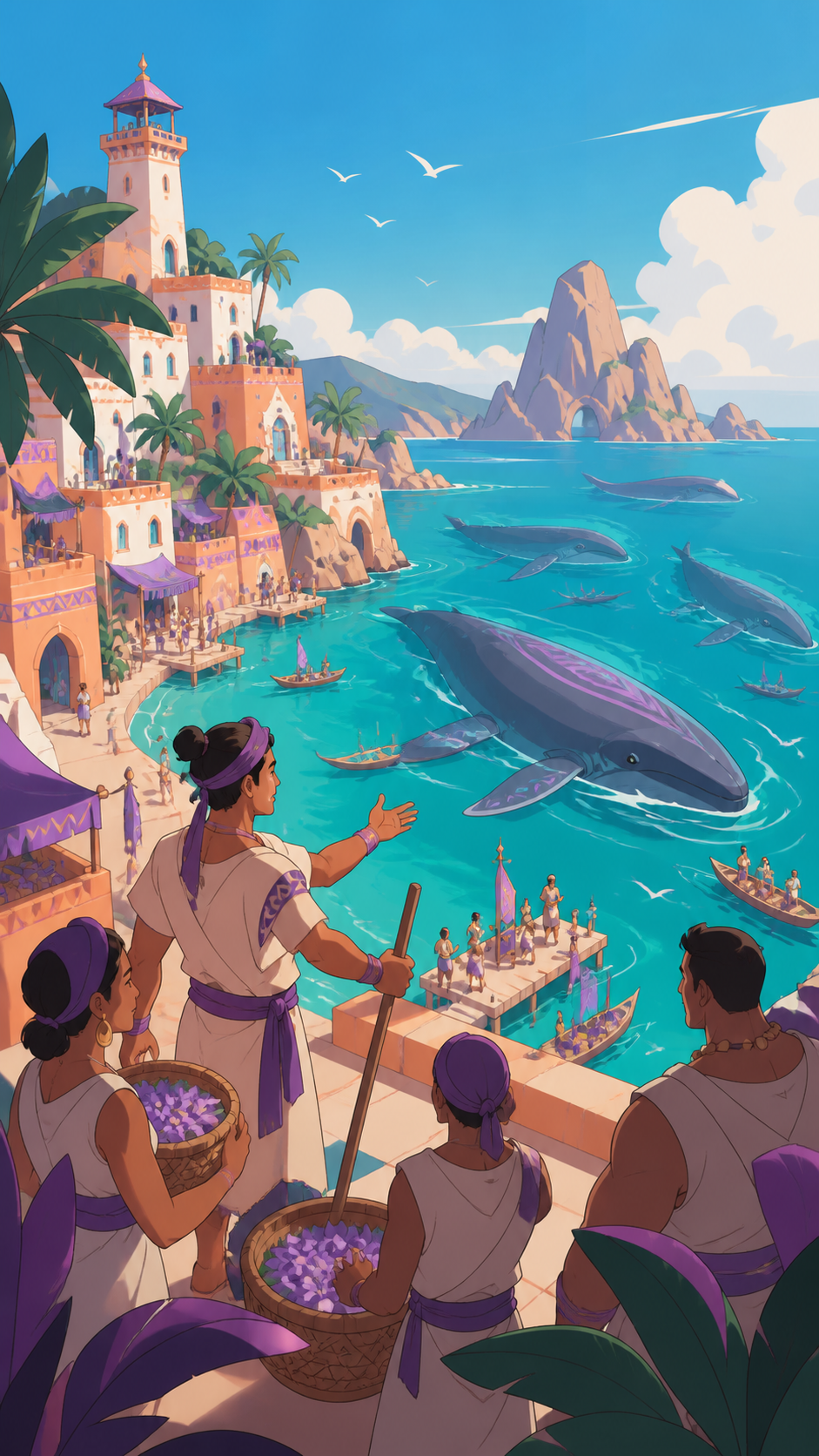 A coastal village preparing for the annual arrival of gentle sea giants, as local guides demonstrate a familiar seasonal practice. Elevated coastal composition balancing settlement, water, and landmark. Apricot, orchid p