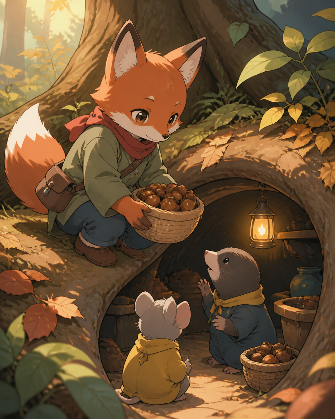A quiet fox child delivering acorns to underground neighbors, as the forest community prepares for a seasonal change. Eye-level storybook frame centered on the unlikely friendship. Clay red, sage, faded denim, and sunflo