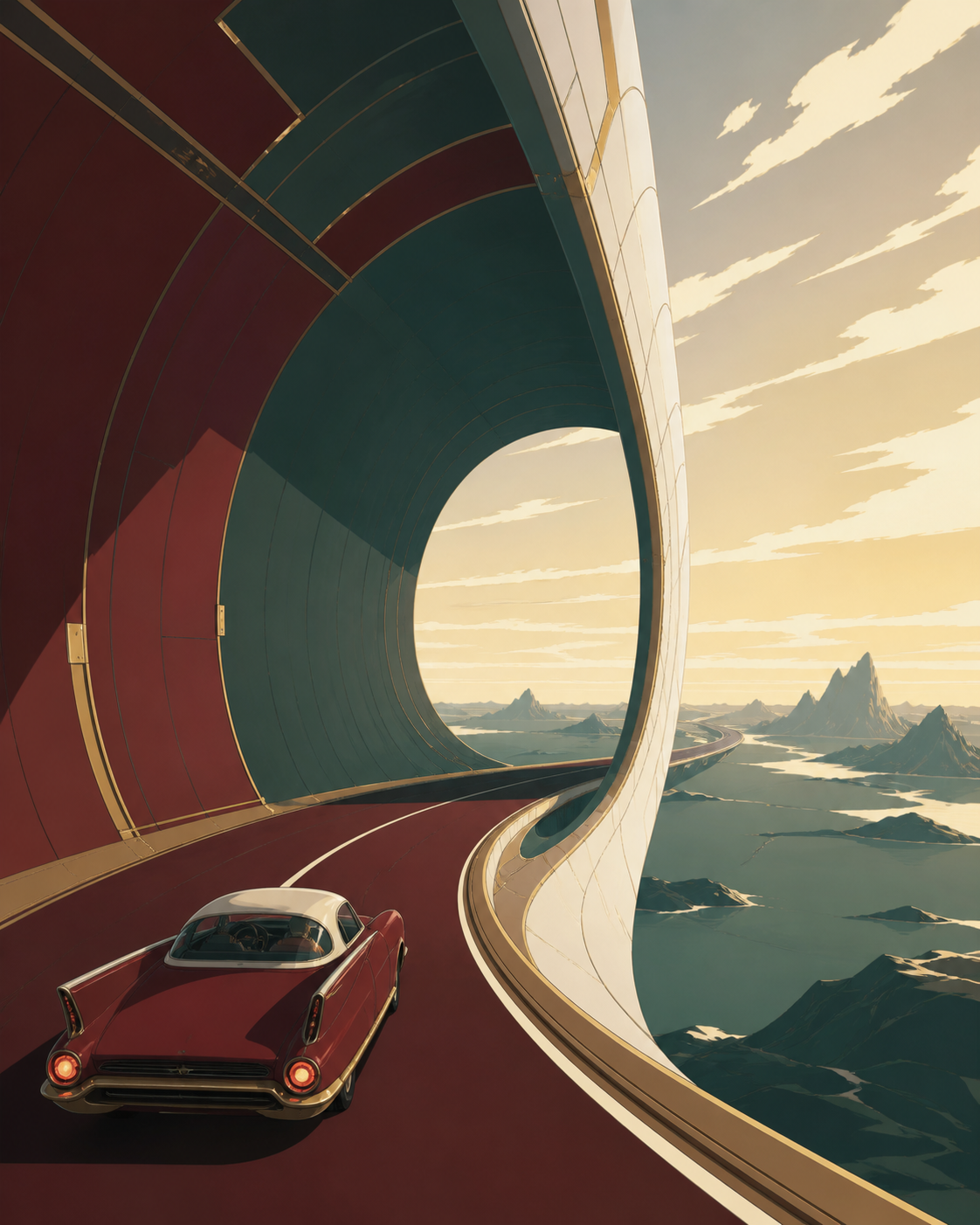 A road trip continuing across the inside and outside of a giant ring, in a clean composition where the transformation is unmistakable. Wide scene structured around one elegant spatial fold. Burgundy, midnight green, bone