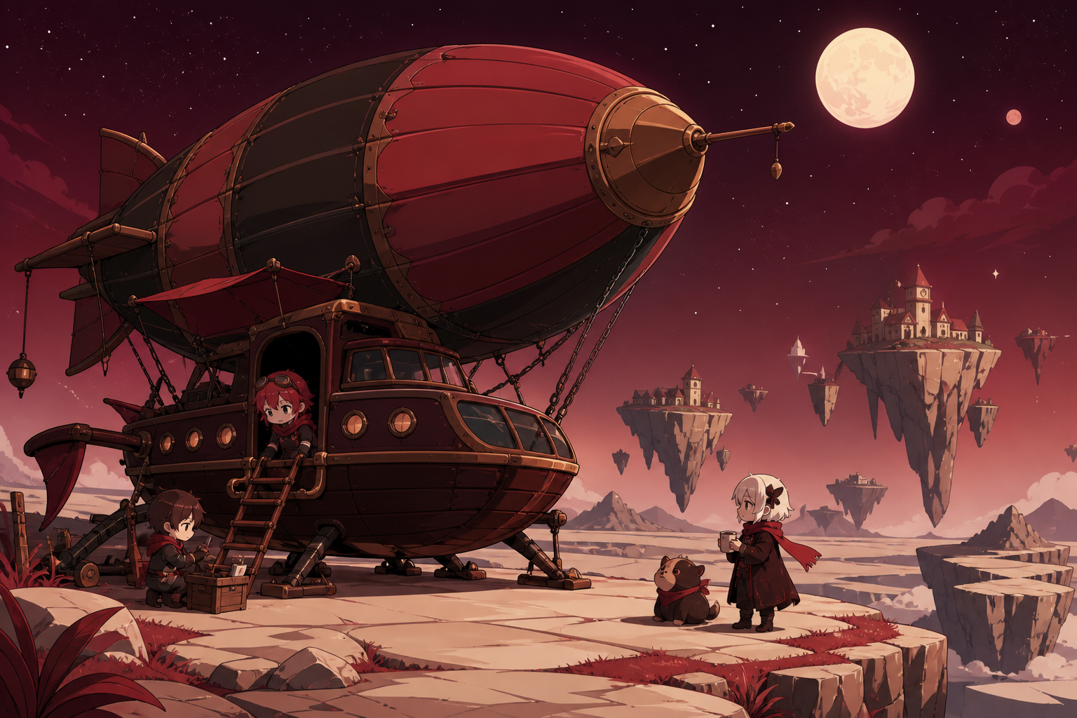 A weather-beaten airship ferry serving remote floating islands, undergoing a small roadside repair in a vast unfamiliar landscape. Wide travel-poster composition without typography, emphasizing destination and scale. Cri