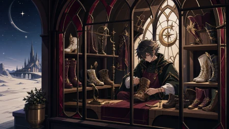 A cobbler repairing boots worn thin by journeys through dreams, at opening time as unusual merchandise is arranged for the day. View from outside the window into a warmly arranged 