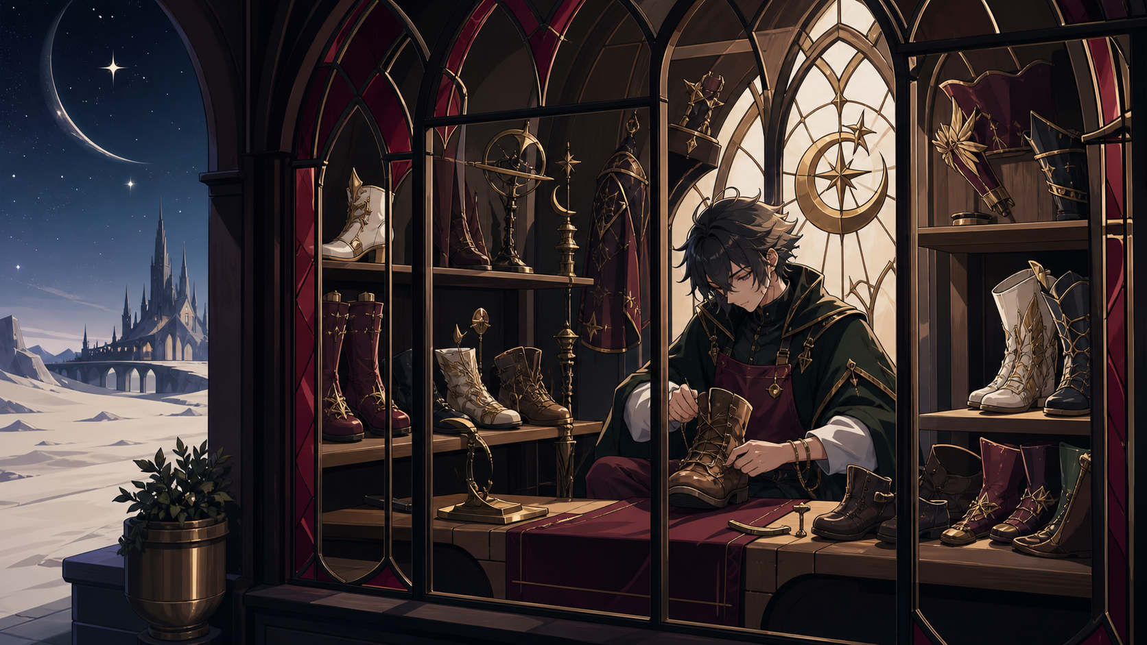 A cobbler repairing boots worn thin by journeys through dreams, at opening time as unusual merchandise is arranged for the day. View from outside the window into a warmly arranged interior. Burgundy, midnight green, bone