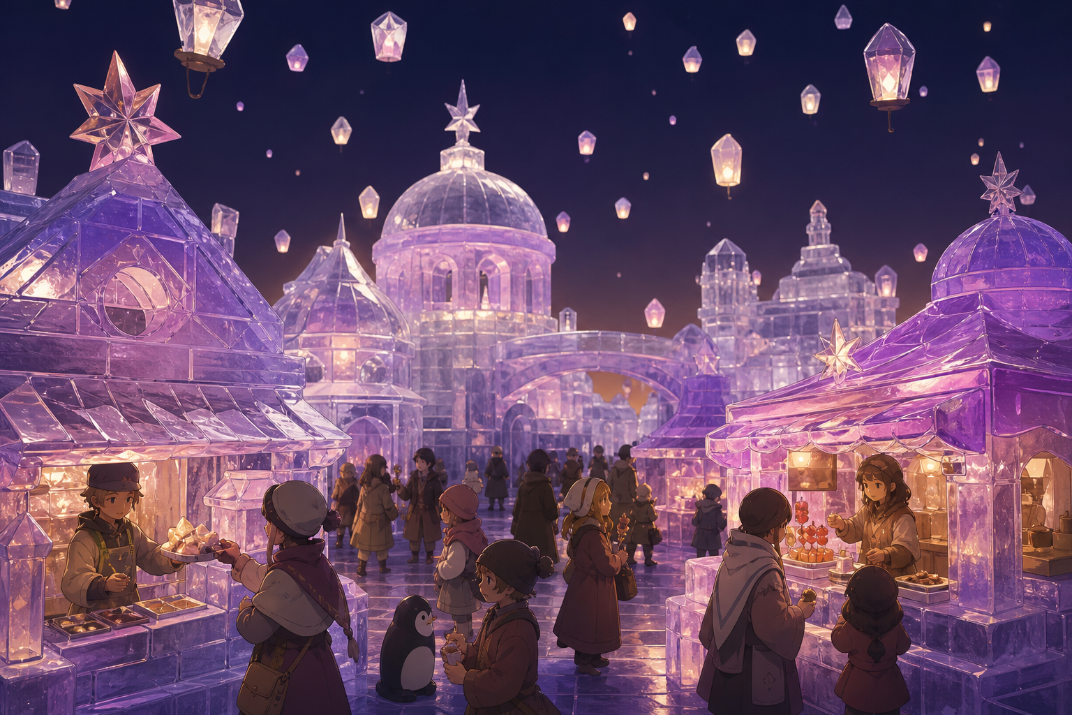 A winter night market carved entirely from colored ice, during the final hour when decorations begin drifting into the sky. Immersive crowd-level panorama with clear focal lighting. Mulberry, tea brown, tarnished silver,